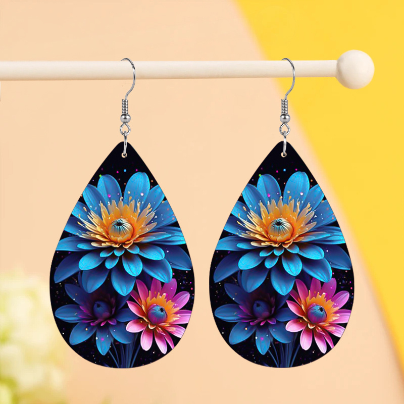 Women's Blue Pink Flower Print Waterdrop Hoop Earrings, Gift